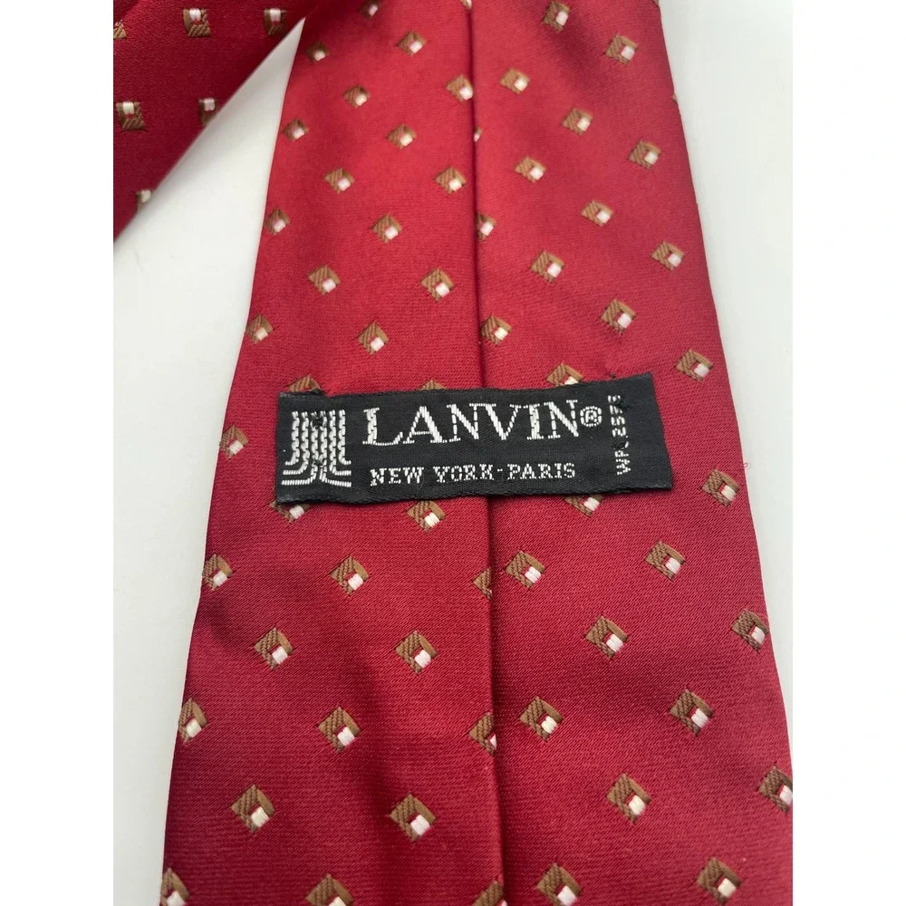 Lanvin Paris New York Men Silk Tie Burgundy Red Geometric Square Pattern JL Logo